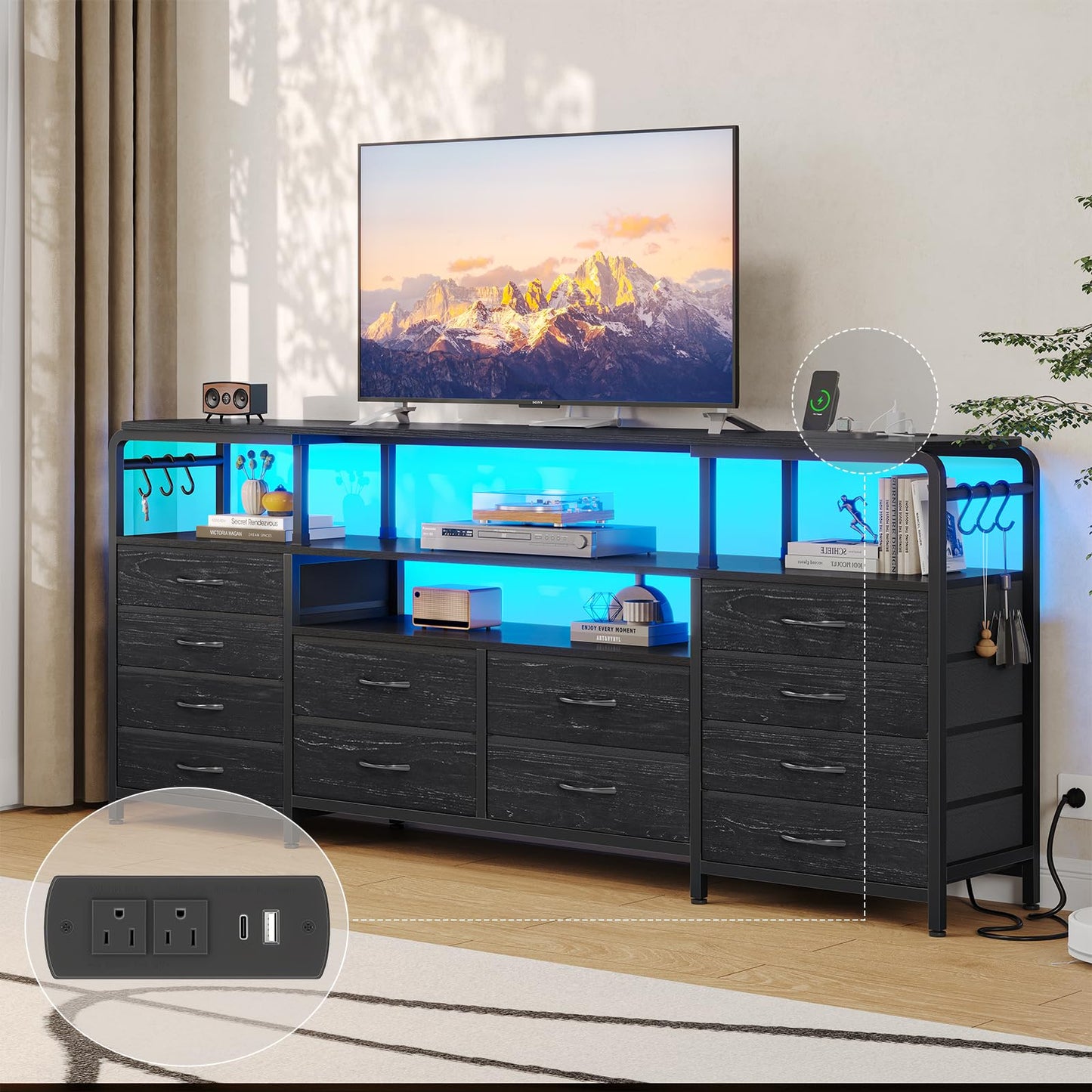 Dnxao 63 inch TV Stand Dresser for Bedroom - Black TV Stand with 12 Drawers, LED Lights & Charging Station | Dresser TV Stand with Storage, Open Shelves | Fits 55-70" TVs