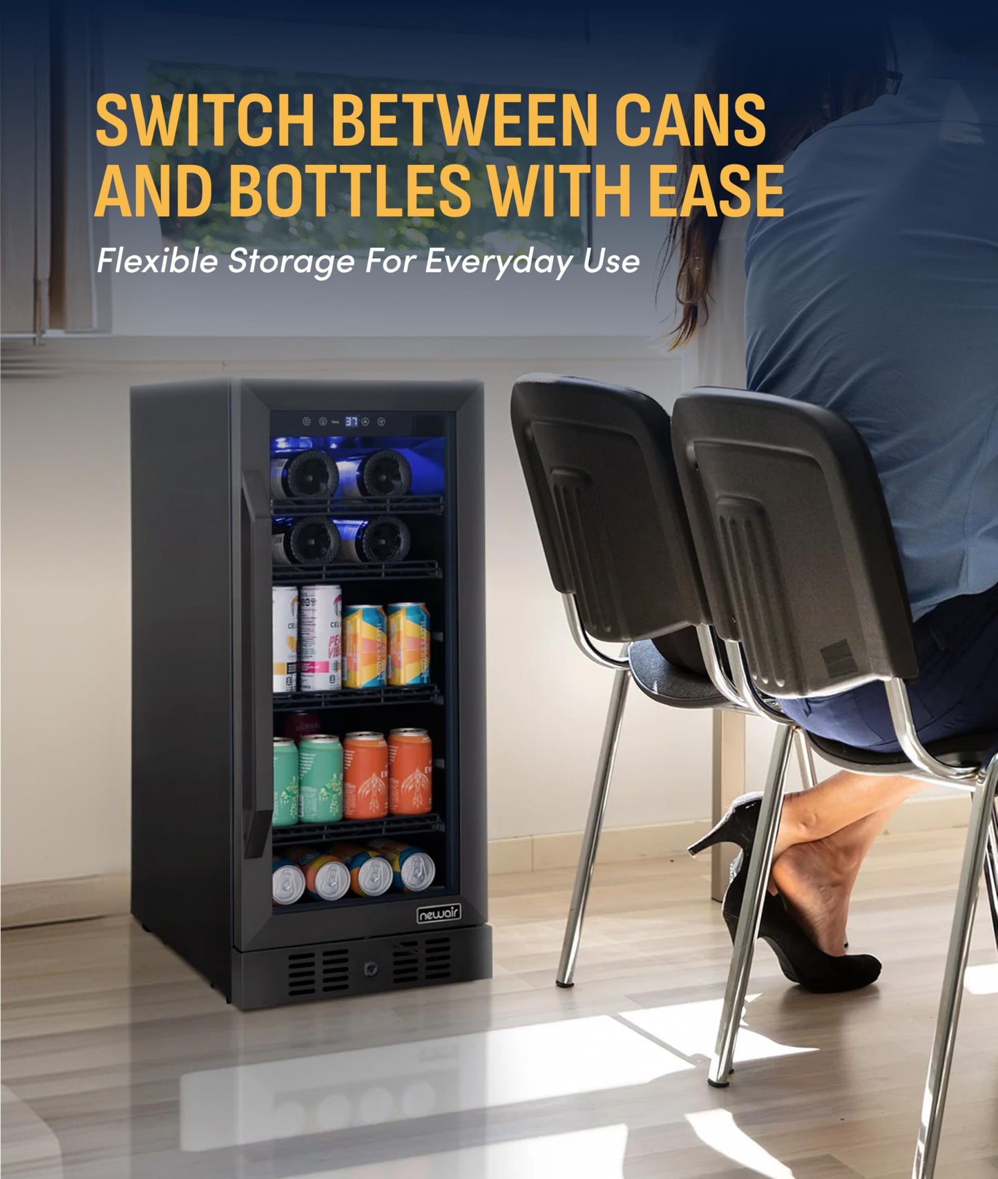 NewAir 15" Single Zone Beverage & Wine Fridge | Beverage & Wine Refrigerator for 33 Bottles / 80 Cans | Freestanding or Built-In Under Counter Mini Fridge for Beer, Wine & Soda | Black Stainless Steel
