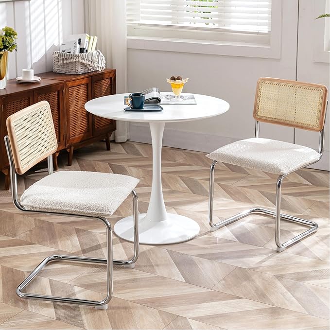 Zesthouse Dining Chairs Set of 4, Natural Rattan Accent Chairs with Solid Wood Back & Stainless Chrome Base, Mid Century Modern Breuer Design Inspired, Upholstered Boucle Kitchen Chairs, White