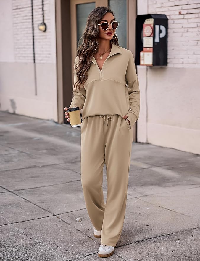 Totatuit Womens Sweatsuits 2 piece Set Lapel Half Zip Lightweight Sweatshirts and Wide Leg Pants Tracksuit Lounge Sets