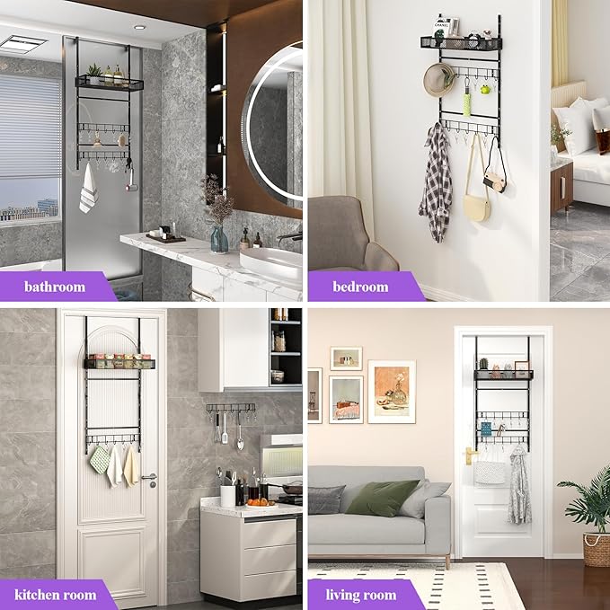 bukfen Adjustable Over the Door Hooks Organizer,Multi-Purpose Storage Organizer Over the Door Organizer with Shelf and Hooks,Hanging Door & Wall Mounted Coat Storage Rack for Bedroom,Bathroom,Kitchen