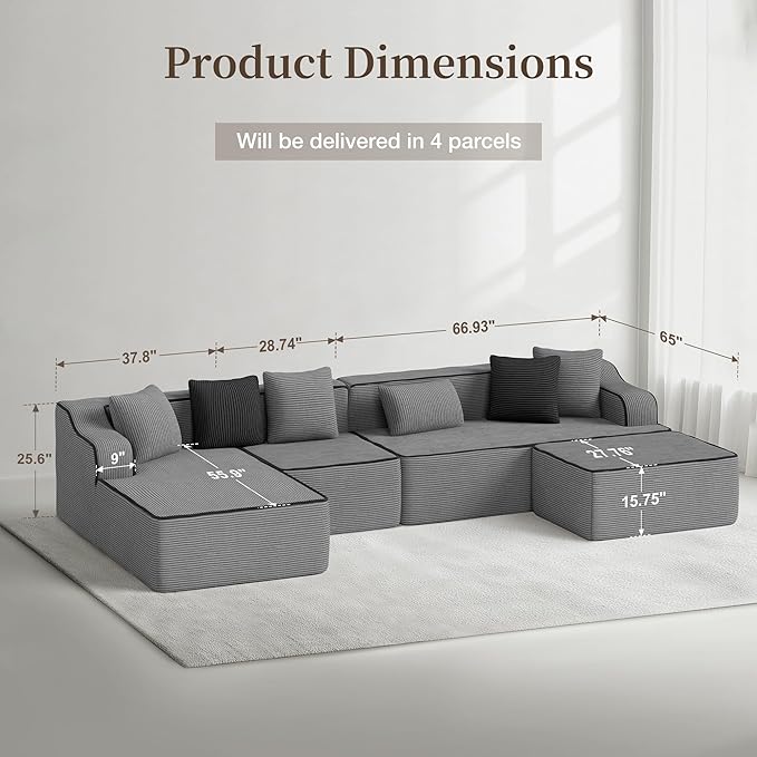 SUNSHINE VALLEY U Shaped Boneless Modular Cloud Couch, 133.5'' Oversized Corduroy Sectional Sofa for Living Room, 6-Seat Upholstered Modern Couch with Deep Seat, No Assembly Required, Grey