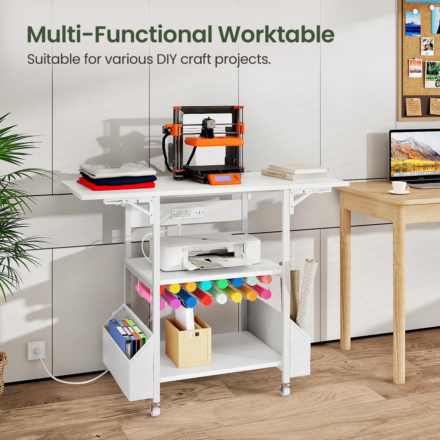 CHOEZON Foldable Heat Press Table with Charging Station, Movable Heat Transfer Stand with Vinyl Roll Holder and Storage Pockets, Mobile Workbench for DIY Sublimation Transfer, White TPS03UWB