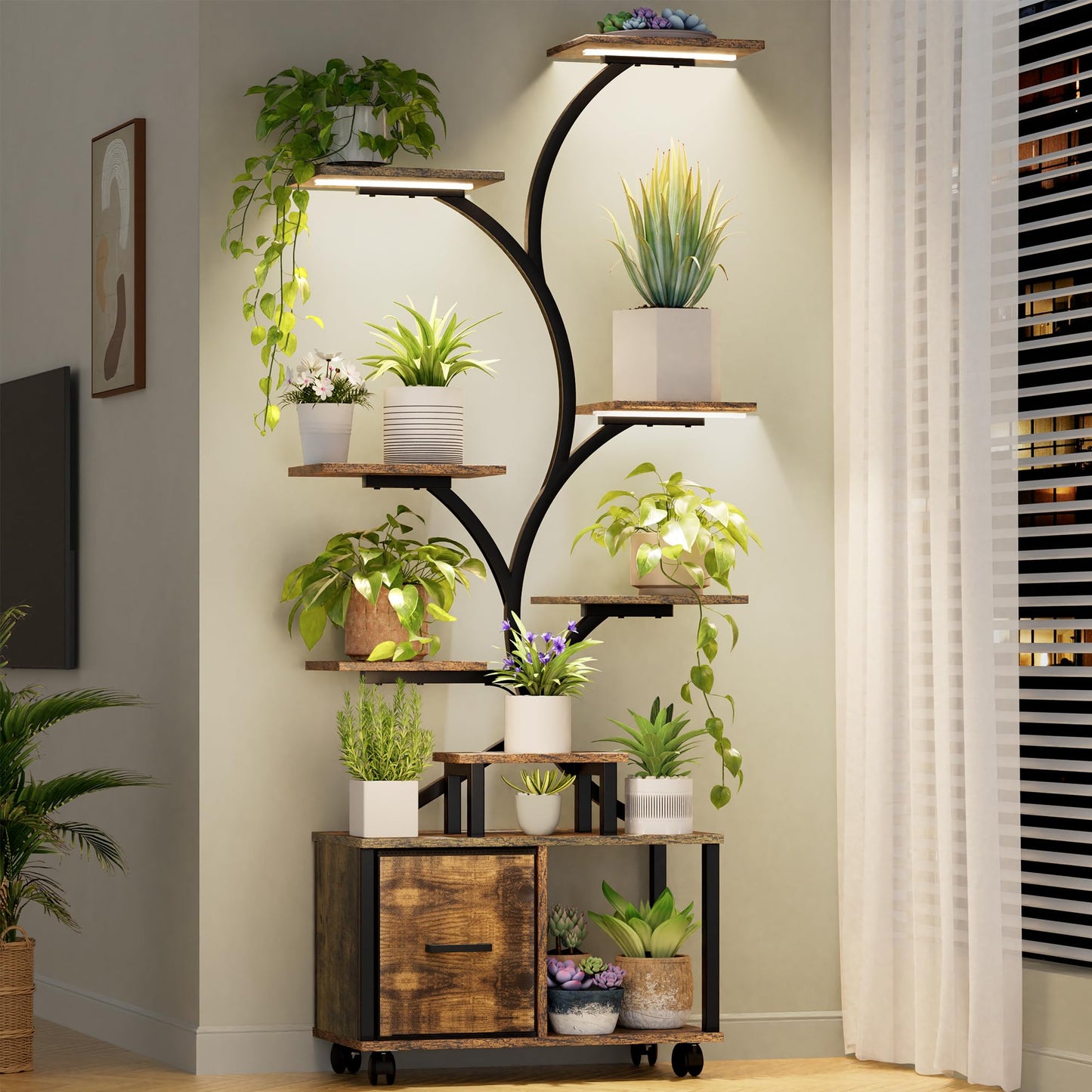 Plant Stand Indoor with Grow Light, 9 Tiered Plant Shelf with Wheels, 65" Tall Plant Stand for Indoor Plants Multiple with Drawer, Flower Holder for Living Room Patio, Balcony (Black+Brown, 1 Pack)