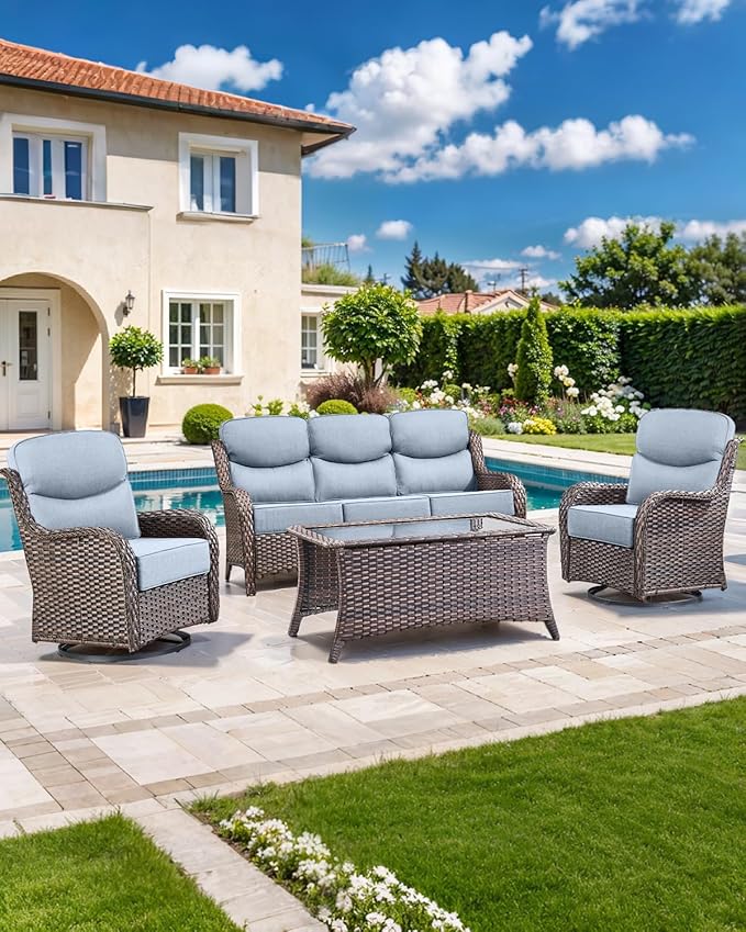ACTREST Luxury 22x24/22x25 6-Inch Smile Outdoor Cushions for Patio 5 Piece Set - Set of 5 Zippered Outside Pillows for Wicker Dining Rocking Swivel Chairs Loveseat Couch Sectional Sofa - Baby Blue