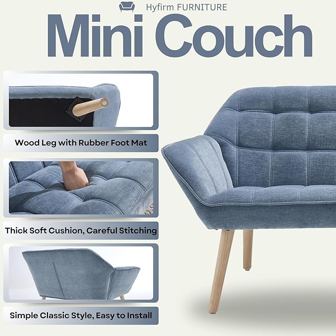 Hyfirm Small Loveseat Sofa, 48 inch Chenille Love Seat for Living Room Comfy Mini Couch with Wood Legs for Small Spaces Bedroom Apartment Office, Blue