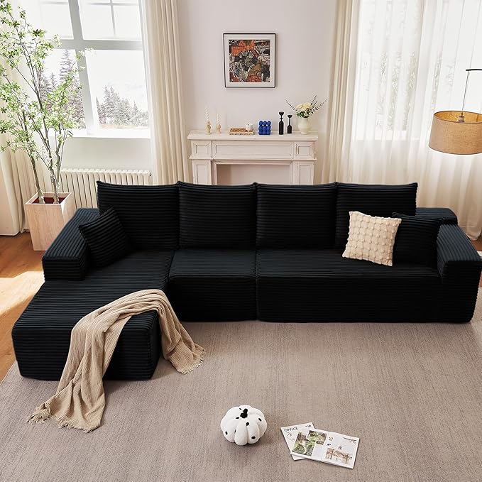 135.4" Cloud Sectional Couch with L-Shape Chaise, Modern Corduroy Boneless Couch for Living Room,Memory Foam Sofa with Deep Seat,No Assembly Required (Black,Left-Facing Chaise)