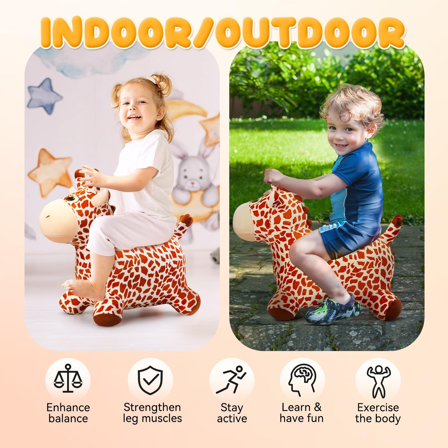 VangeBow Giraffe Bouncy Horse Toys for 1 2 3 year old Kid gifts, Plush Giraffe Ride On Bouncy Animal for toddlers 1-3, Indoor Outdoor Inflatable Hopping Toys for Girl Boy Birthday Gifts(Pump Included)