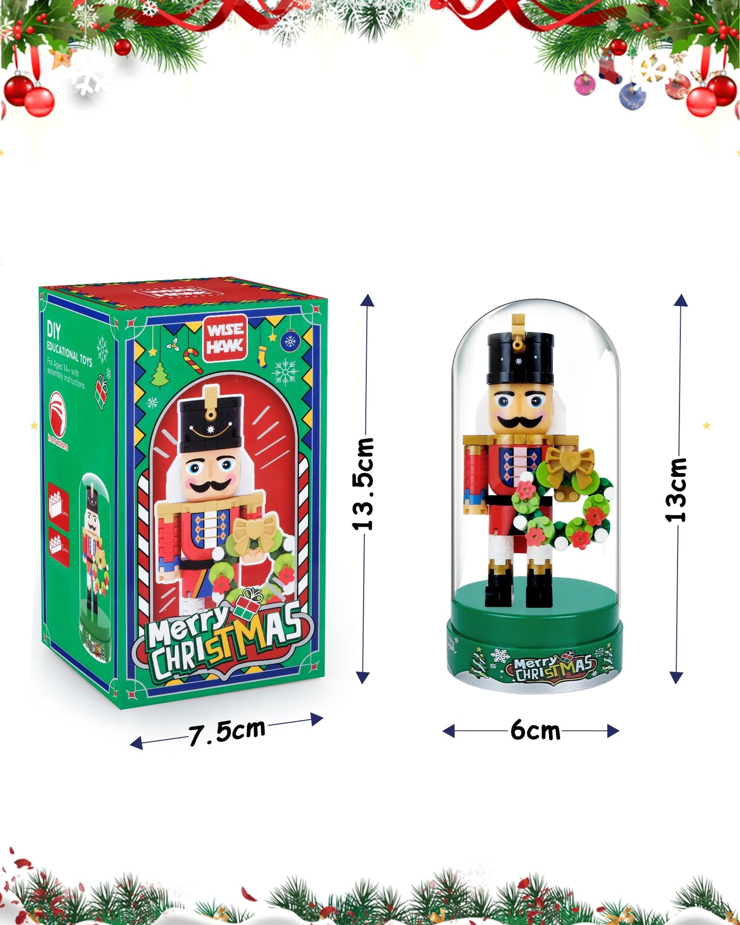 Anwenk Christmas Nutcracker Figure Building Set, Xmas Nut Cracker Soldier with Wrench,Collectible Christmas Home Decor, Nutcracker Gift with Cover and Base (172 PCS)