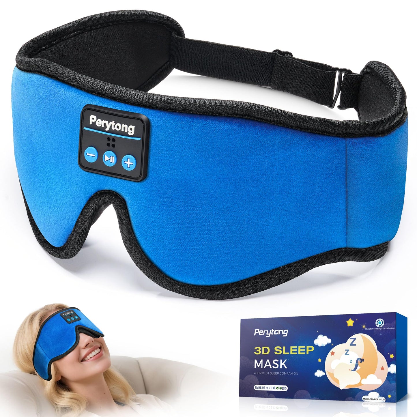 Sleep Mask with Bluetooth 5.4 Headphones, Wireless Music Sleep Eye Mask for Side Sleepers, 3D Contoured Comfort & Built-in HD Stereo Earphones, Noise Canceling & Blackout for Travel (Bright Blue)