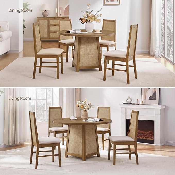 SICOTAS Wood Dining Chairs Set of 6 - Rattan Dining Room Chairs with Solid Wood Leg, Farmhouse Upholstered Kitchen Chairs High Back, Modern Armless Dining Chair for Dining Room, Kitchen, Oak, 6PCS