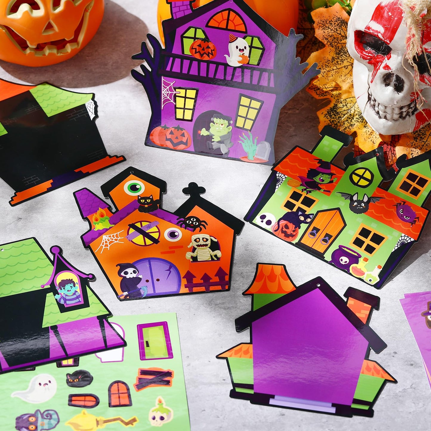 Pajean 48 Packs Halloween Craft Kits for Kids Halloween Haunted House Craft Kit Make Your Own Haunted House Stickers for Classroom Favors Activities