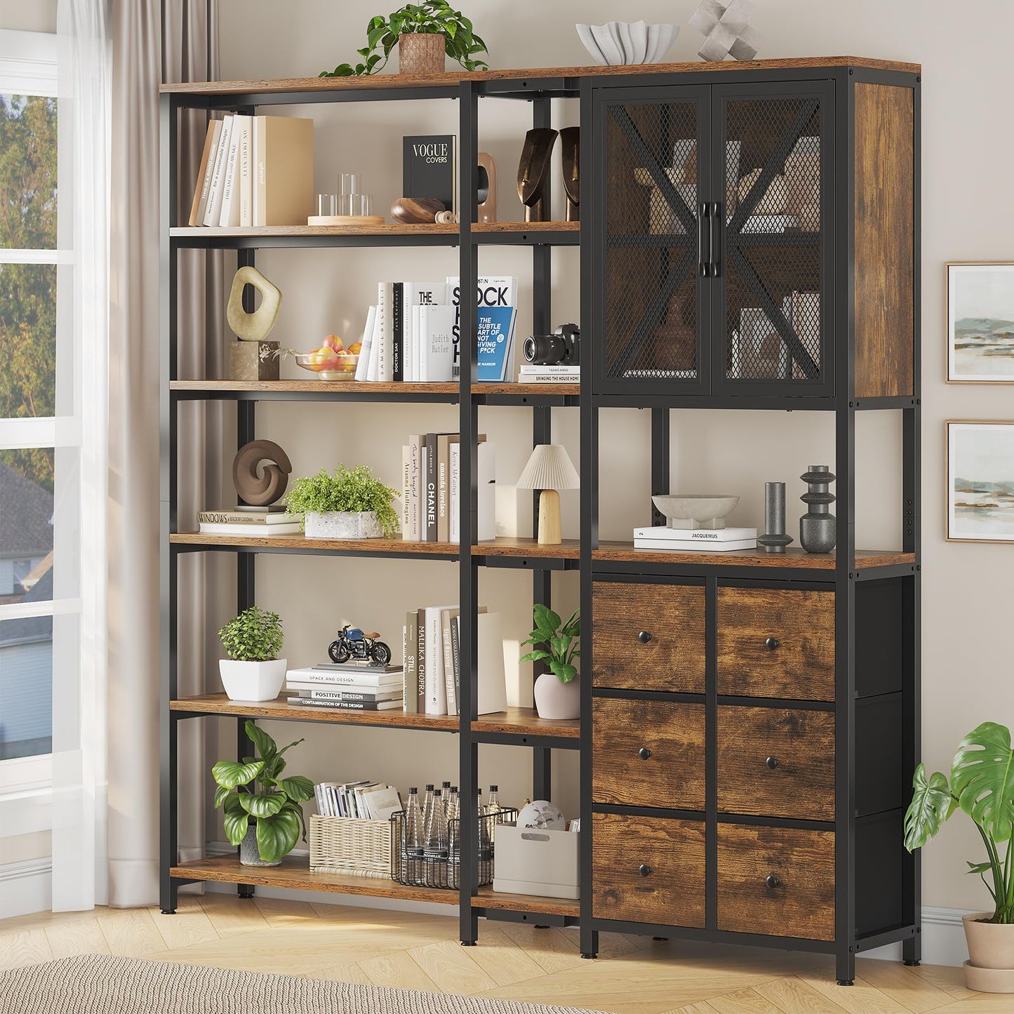 HAUOMS Corner Bookshelf, 6 Tier Industrial Convertible Bookshelf with 6 Fabric Drawers, Corner Bookcase Large L Shaped Storage Display Shelf for Home Office, Living Room, Kitchen, Rustic Brown