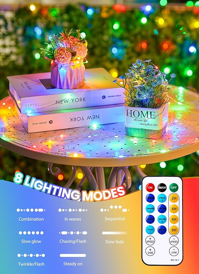 Minetom Fairy Lights with Remote, 66 Feet 200 Led Firefly String Lights Plug in for Bedroom Home Wall Ceiling Christmas Tree Wreath Craft Wedding Party Indoor Outdoor Decoration, Multicolor（2pack）