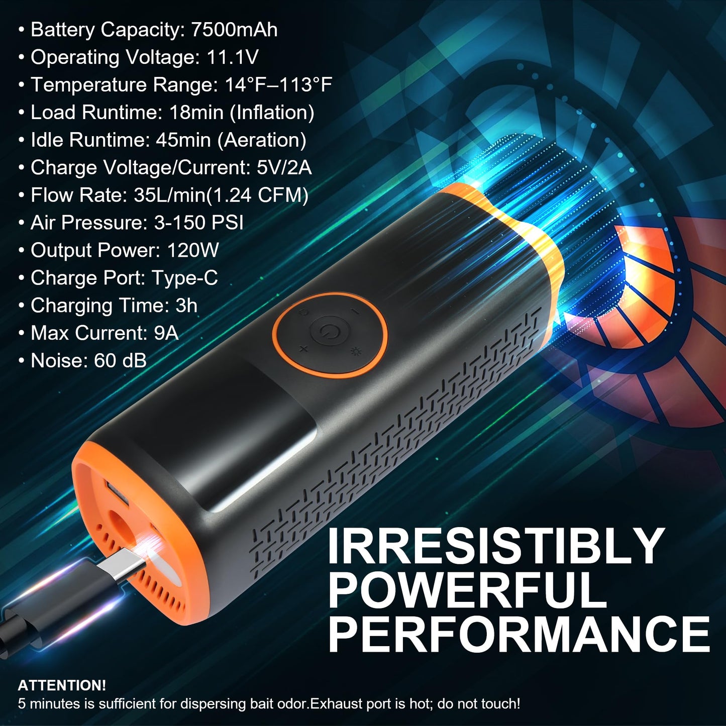 Xyuee Portable Rechargeable Air Compressor - 7500mAh Underwater Fish Attraction Oxygen Device / 150PSI Air Pump with Fish Attracting Gear, LED Lights&Pressure Gauge for Car Tires, Bubble Bait Fishing