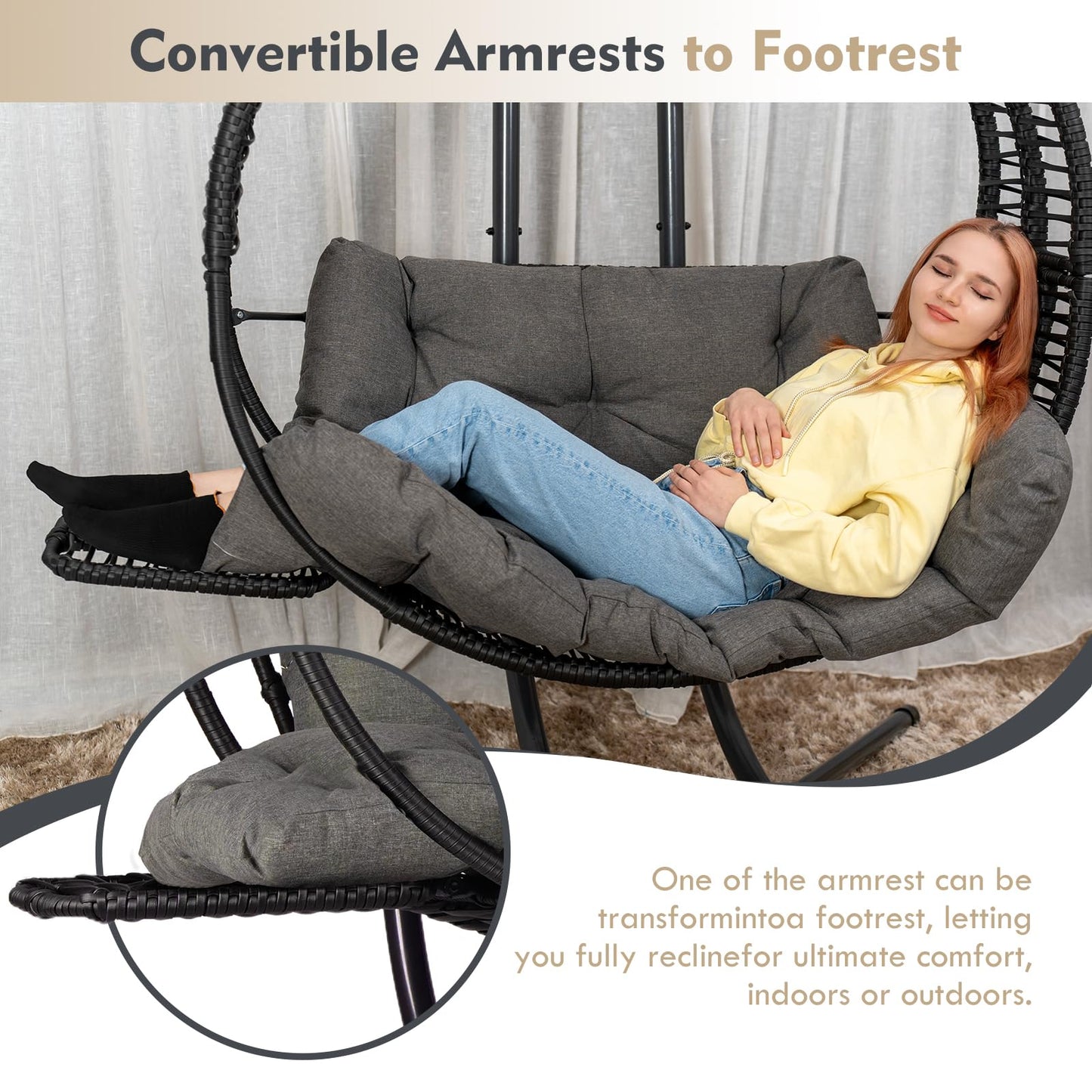 Double Hanging Egg Chair with Stand for Outdoor, Oversized 2 Person Wicker Rattan Swing Chair w/Convertible Armrest for Reclining Seat, All-Weather Cushion and Heavy Duty Frame, 700Lbs Cap. (Grey)