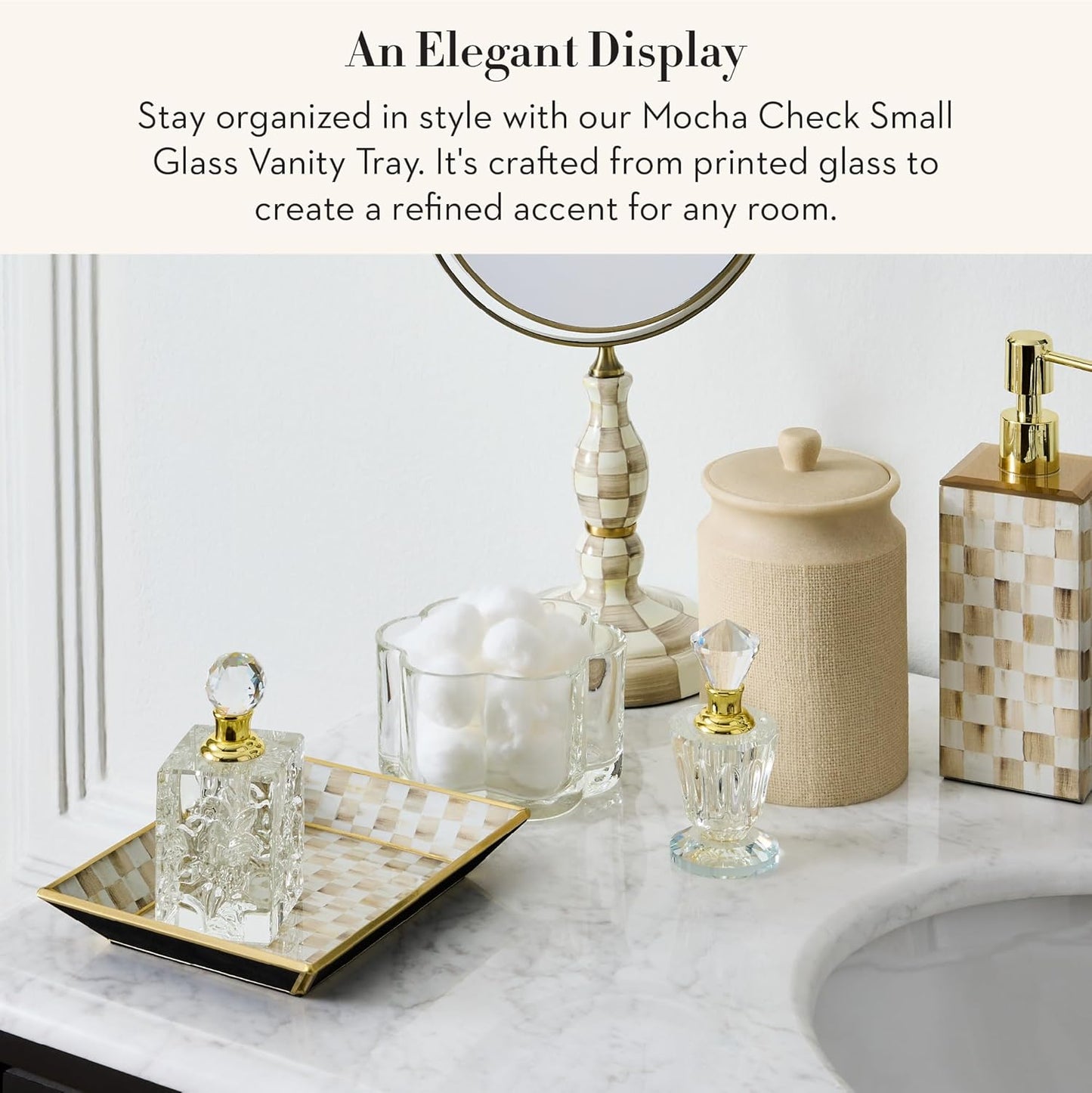 MACKENZIE-CHILDS Glass Tray, Decorative Bathroom Counter Tray, Small, Brown-and-White Mocha Check