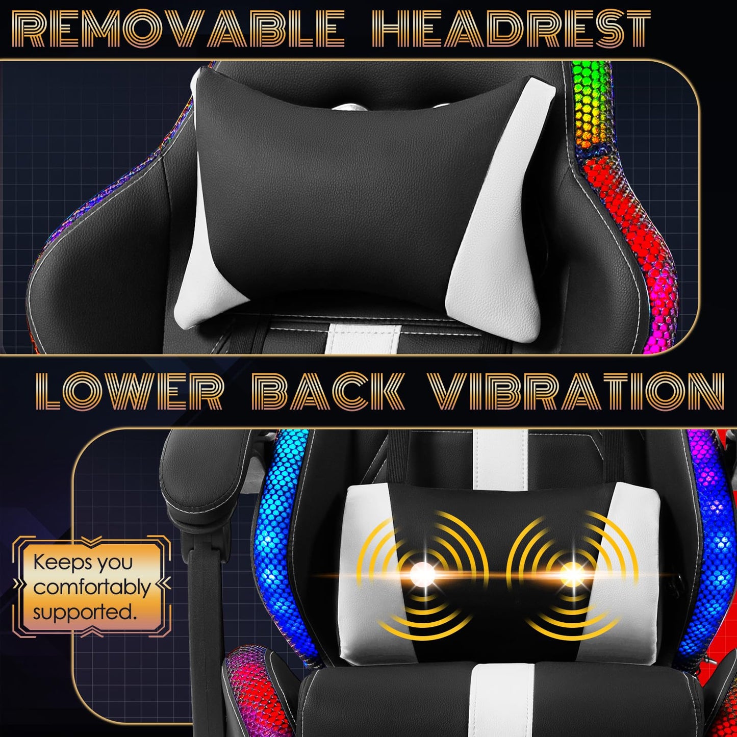 ECOTOUGE Massage Gaming Chair, Video Game Chair with LED Lights, Ergonomic Computer Chair with Footrest and Lumbar Support, Height Adjustable High Back Office Desk Chair, White