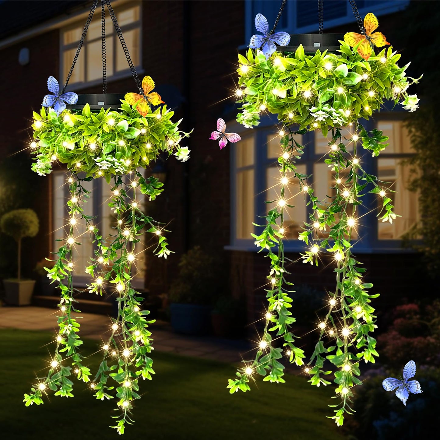 Solar Hanging Garden Lights - 2 Pack | 66 LEDs Butterfly & Flower Decor | IP65 Waterproof Summer Patio Lights for Outdoor Party Camping Poolside, Romantic Wedding | Gifts for Daughter Mom Grandma