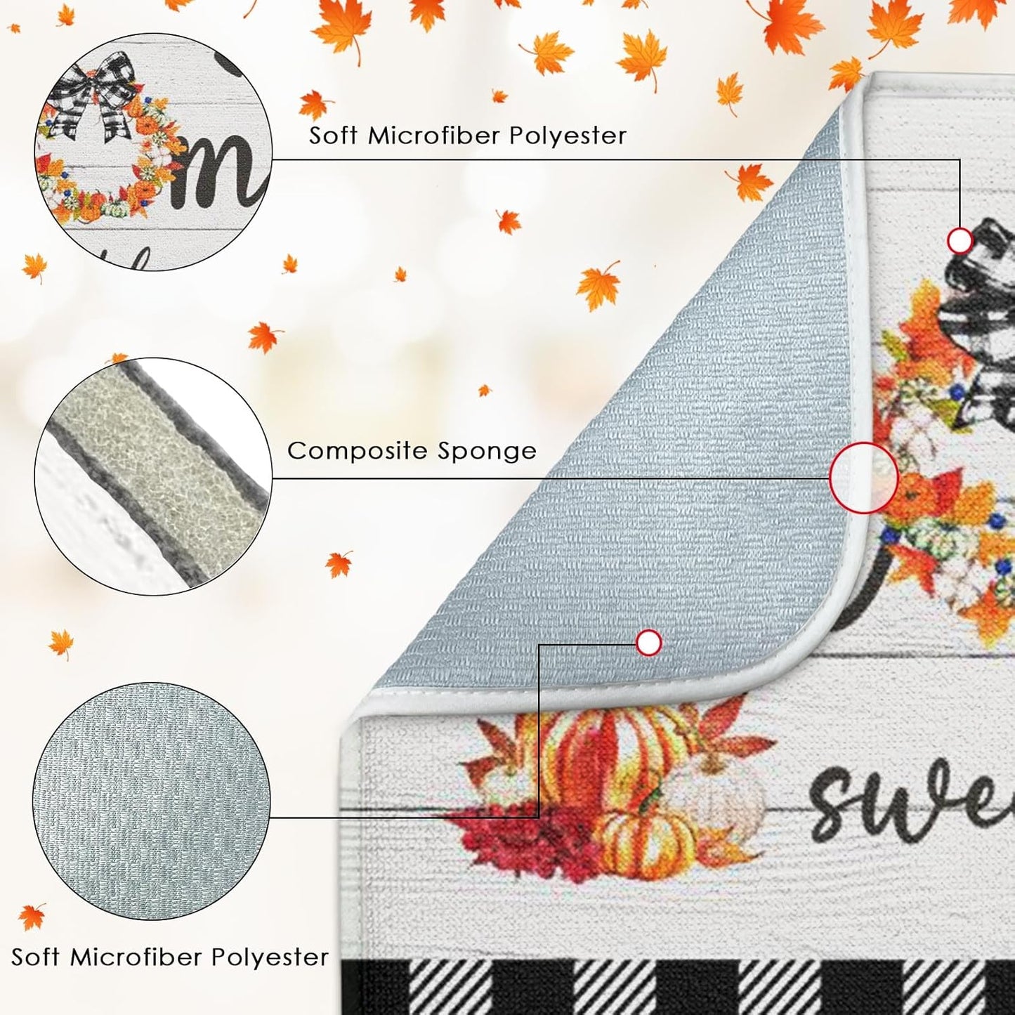 Sanwarm Absorbent Dish Drying Mat, Autumn Pumpkin Flower Microfiber Pad for Kitchen Counter, Fall Home Sweet Home for Coffee Bar Decor, Heat Resistant and Reversible, 16" x 18"