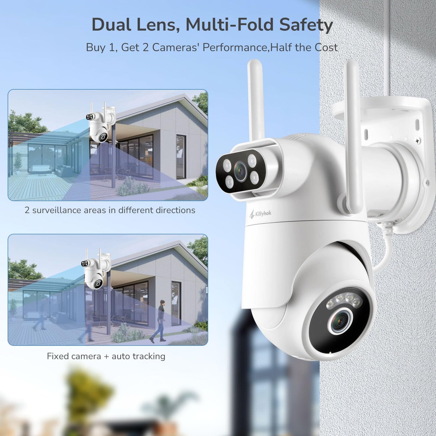 Wireless Security Camera System with 10" Touchscreen Monitor, Dual Lens 2K Security Cameras Wireless Outdoor with 2.4/5GHz WiFi, 360° PTZ, Auto Tracking, Night Vision, 2-Way Audio, 10CH, 500GB HDD
