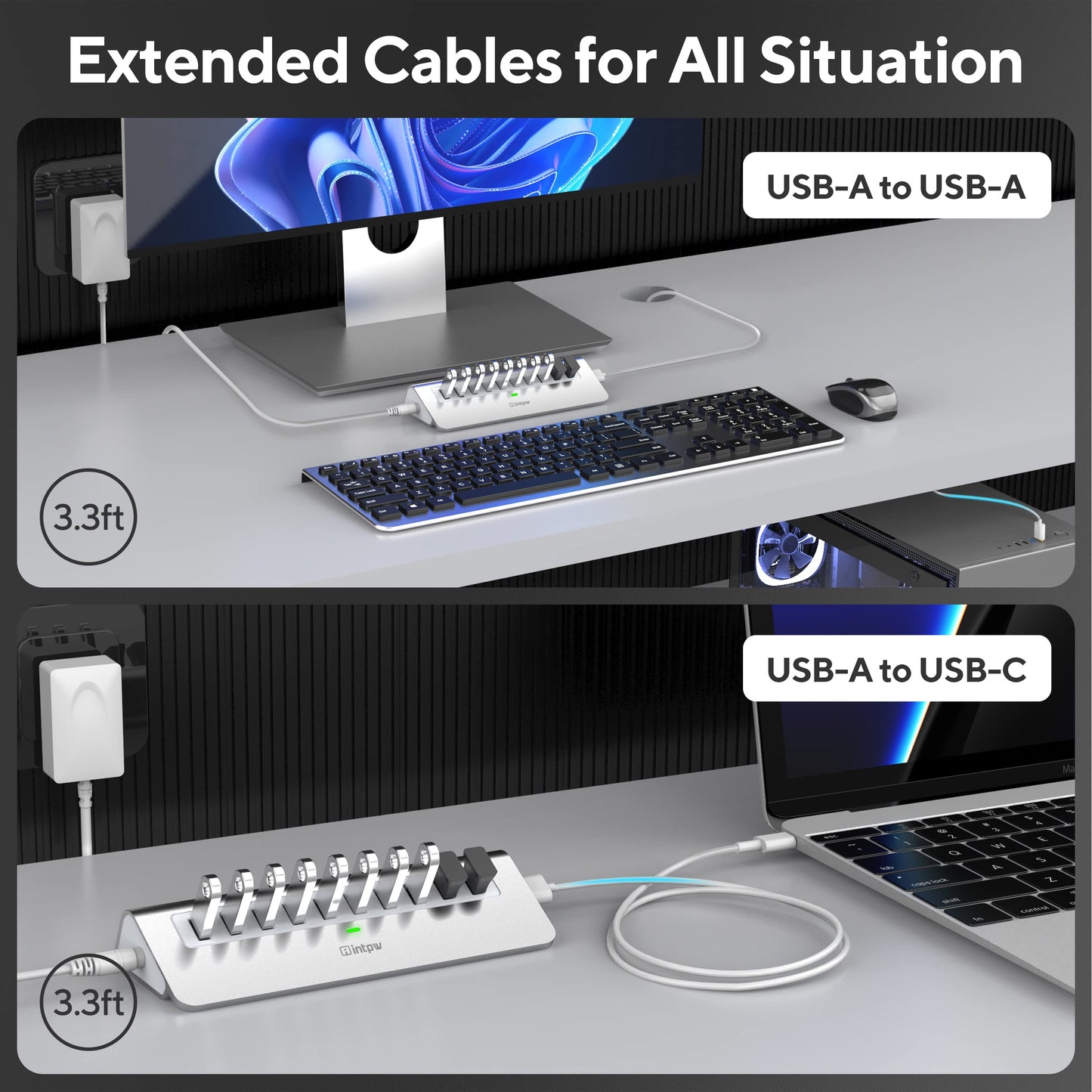 Powered Usb Hub, Intpw 10 Port Usb 3.1 Hub With 10Gbps Data Transfer, 36W(12V/3A) Power Adapter, Usb Type A And Type C Cable, Al