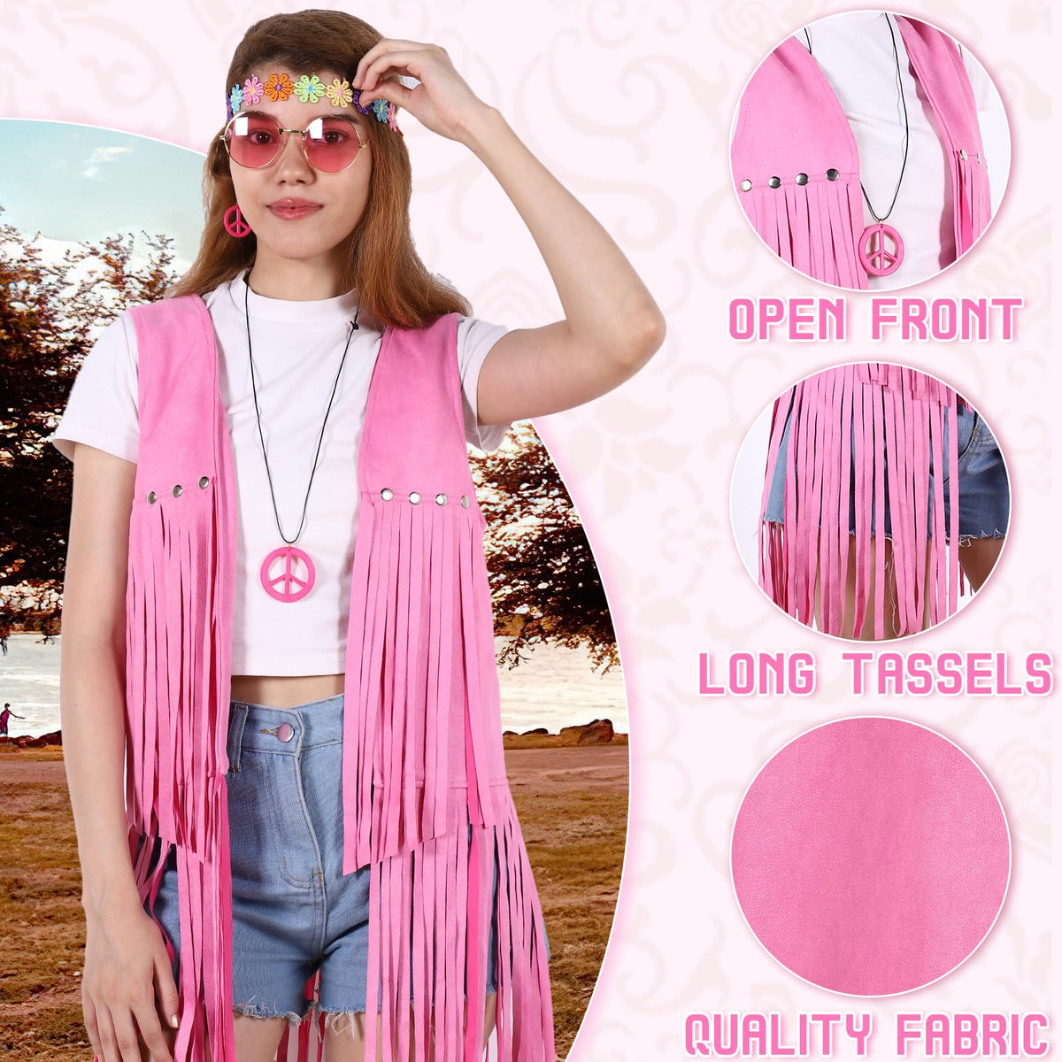 PARTTELY 70s Outfits for Women, Disco Hippie Costume Clothes Woman Cowgirl 70s Costume Fringe Hippie Vest