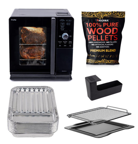 GE Profile™ Smart Indoor Pellet Smoker + Accessories Bundle, Includes Four 1lb Bag, Strainer, 20-pack of Drip Pan Liners, and Prep Tray, Stainless Steel, Carbon Black