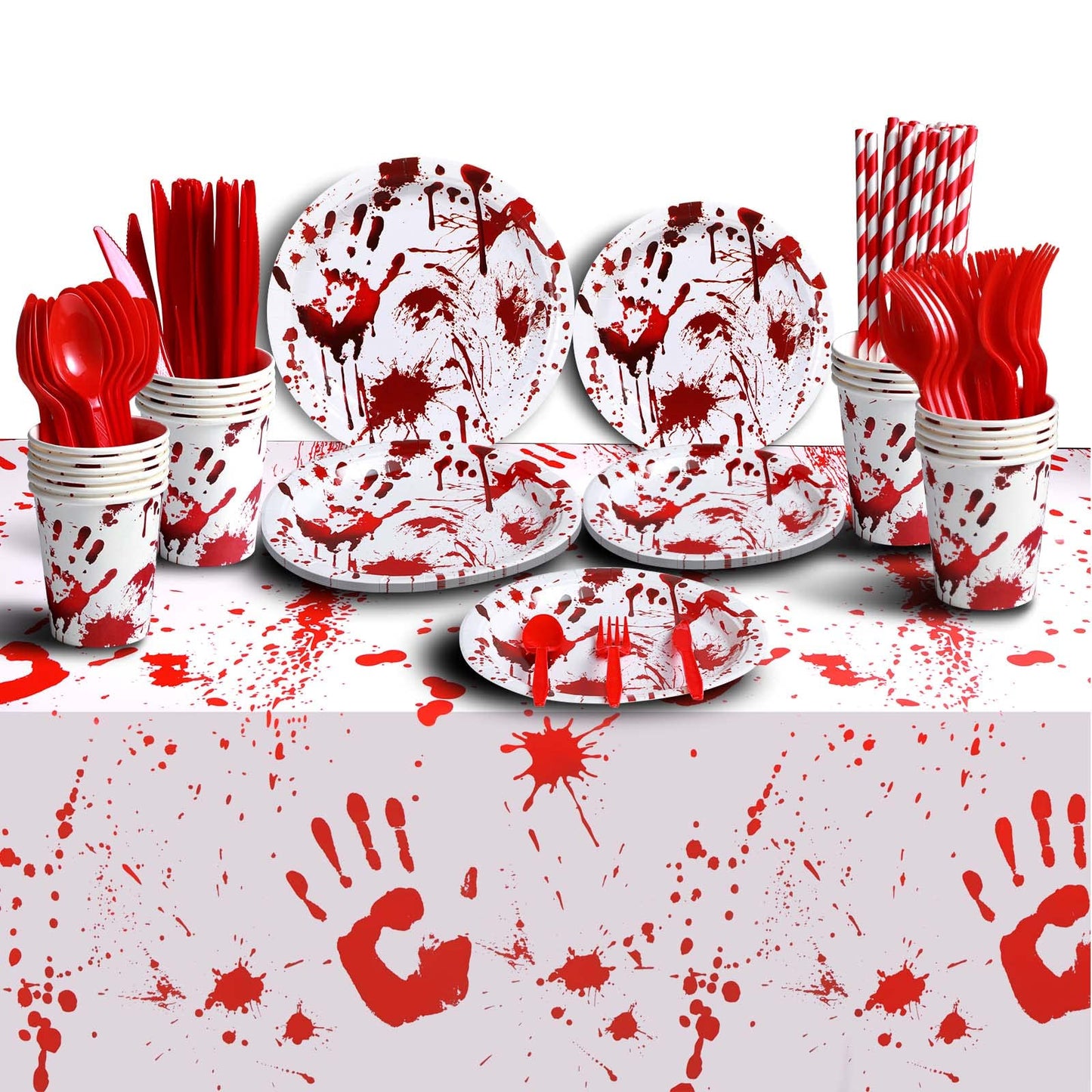 Halloween Party Supplies Decorations Include Bloody Zombie Tablecloth, Paper Plates, Cups, Straw, Napkins, Cutlery - Horror Halloween Birthday Party Decorations Tableware Serves 20 Guests-161CT 1