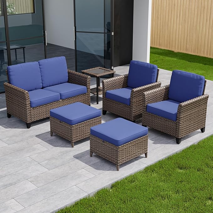 COOS BAY Harbor Retreat 6 Piece Outdoor Furniture Set, Patio Conversation Set with Patio Chairs, 2 Seat Loveseat, Side Table and Ottomans, Wicker Furniture, Brown/Blue