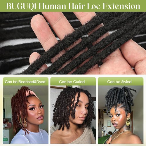BUGUQI 6Inch-18Inch Dreadlock Extensions Loc Extensions Human Hair for Men/Women 100% Real Human Hair (0.6CM Width-1B, 18 Inch-10 Strands)