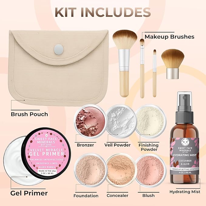 FLAWLESS COMPLEXION KIT (LIGHT TAN) Full Size Mineral Makeup Set Matte Foundation Bare Face Sheer Powder Cover