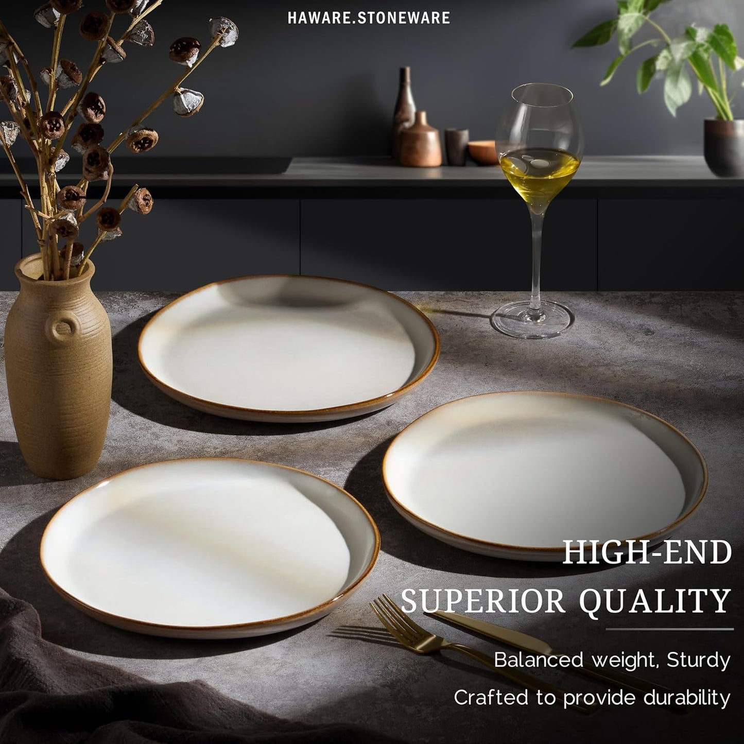 HaWare Stoneware Dinner Plates Set of 6, 10" Heavy Duty Ceramic Plates, Reactive Glaze Dinnerware for Home Restaurant, Chip and Scratch Resistant, Microwave and Dishwasher Safe, Reactive Pearl White