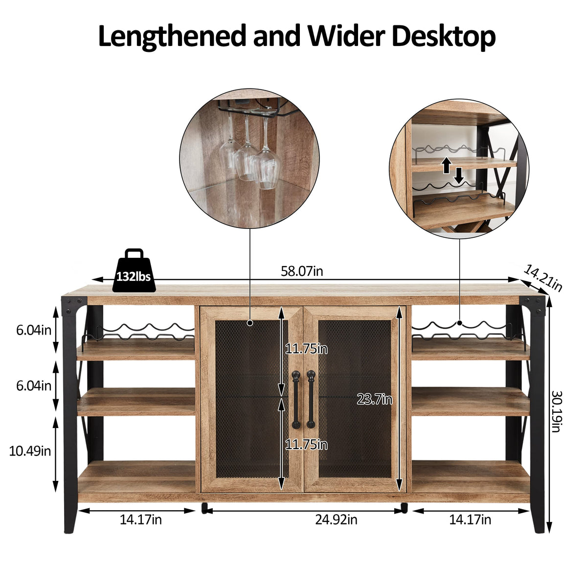 Vabches 58" Wine Cabinet with Wine Rack Storage,Home Bar for Liquor and Glasses, Farmhouse Coffee Bar Cabinet, Liquor Cabinet for Home Living Room Dining Room