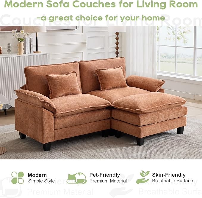 Oprisen 86" Modular Sectional Sofa, Comfy Cloud Couch Sectional Sofa with Ottoman, Chenille Sofa Sleeper Deep Seat Sofa with Throw Pillows for Living Room (Orange, 86"- L Shape)