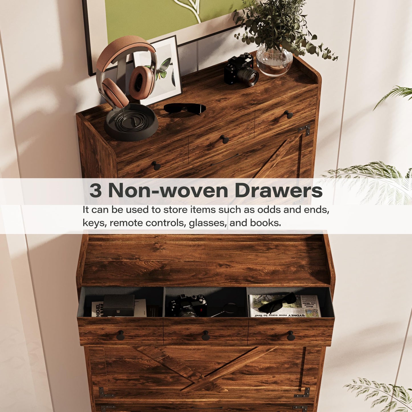 LAUSAINT HOME Shoe Storage Cabinet with 2 Flip Drawers & 3 Drawers for Entryway, Freestanding Hidden Shoe Organizer with Metal Legs, Slim Narrow Shoe Rack Cabinet, Rustic Brown