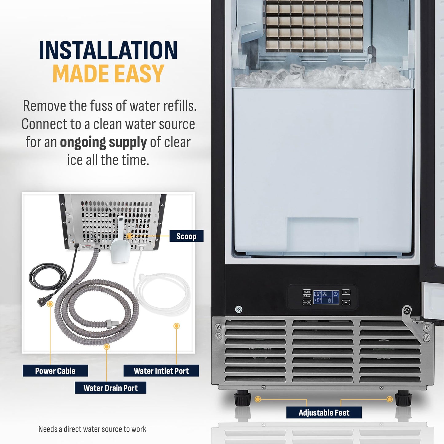 Newair 15" Commercial Nugget Ice Maker | Freestanding or Built-in Under Counter Ice Maker with 80 lbs/Day Production | for Home Bar, Kitchen & Restaurant Use | Stainless Steel