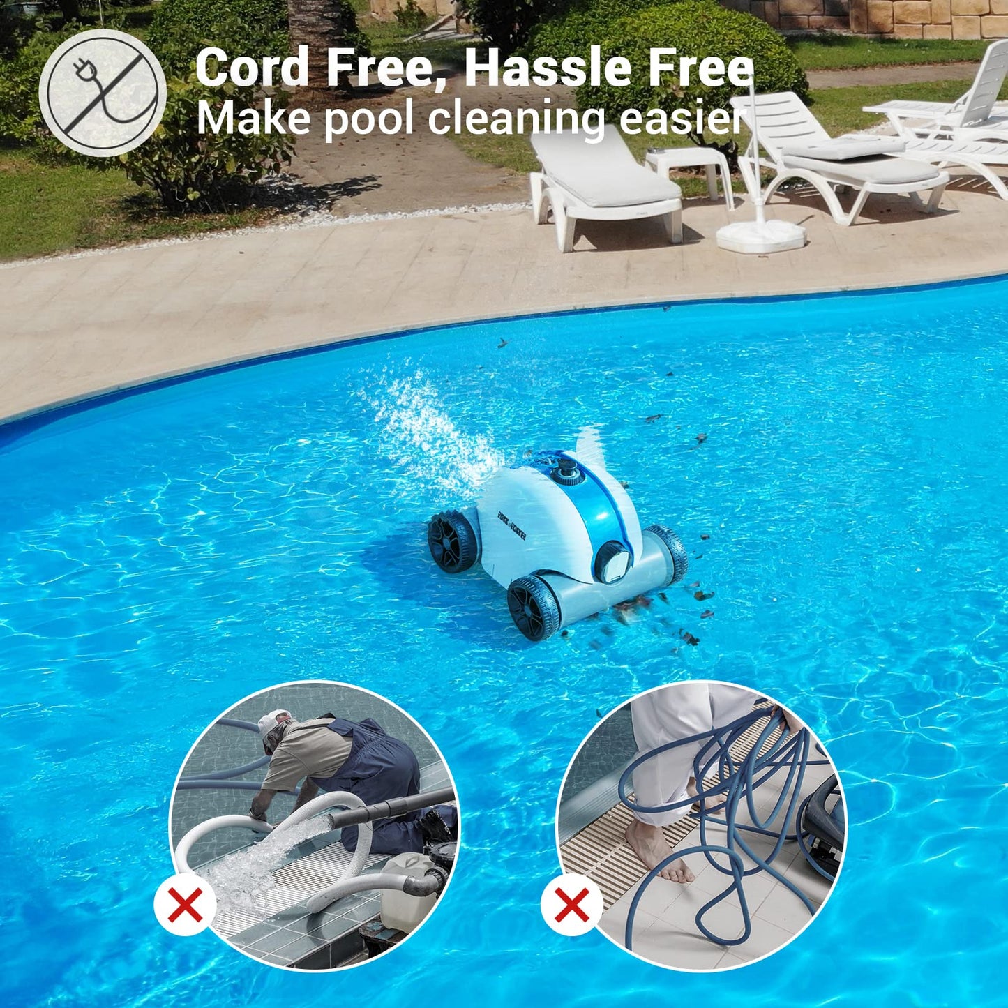 (2023 Upgrade) Rock&Rocker Cordless Robotic Pool Cleaner，Pool Vacuum with Dual-Drive Motors, Up to 90 Mins Runtime, Powerful Suction, Cleaning for Above or Inground Pools up to 861 Sq Ft, Blue