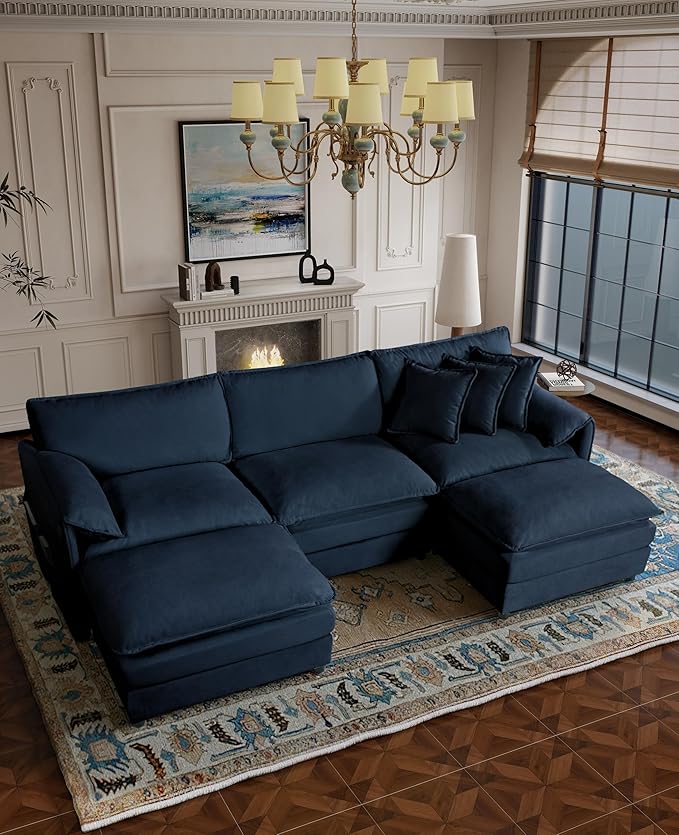 RENDGO 109" Modular Sectional Sofa with 2 Ottoman, Chenille Cloud Couch for Living Room & Apartment, Deep Seat Comfort, Flexible U-Shape Combination Sofa for Home & Office,Blue