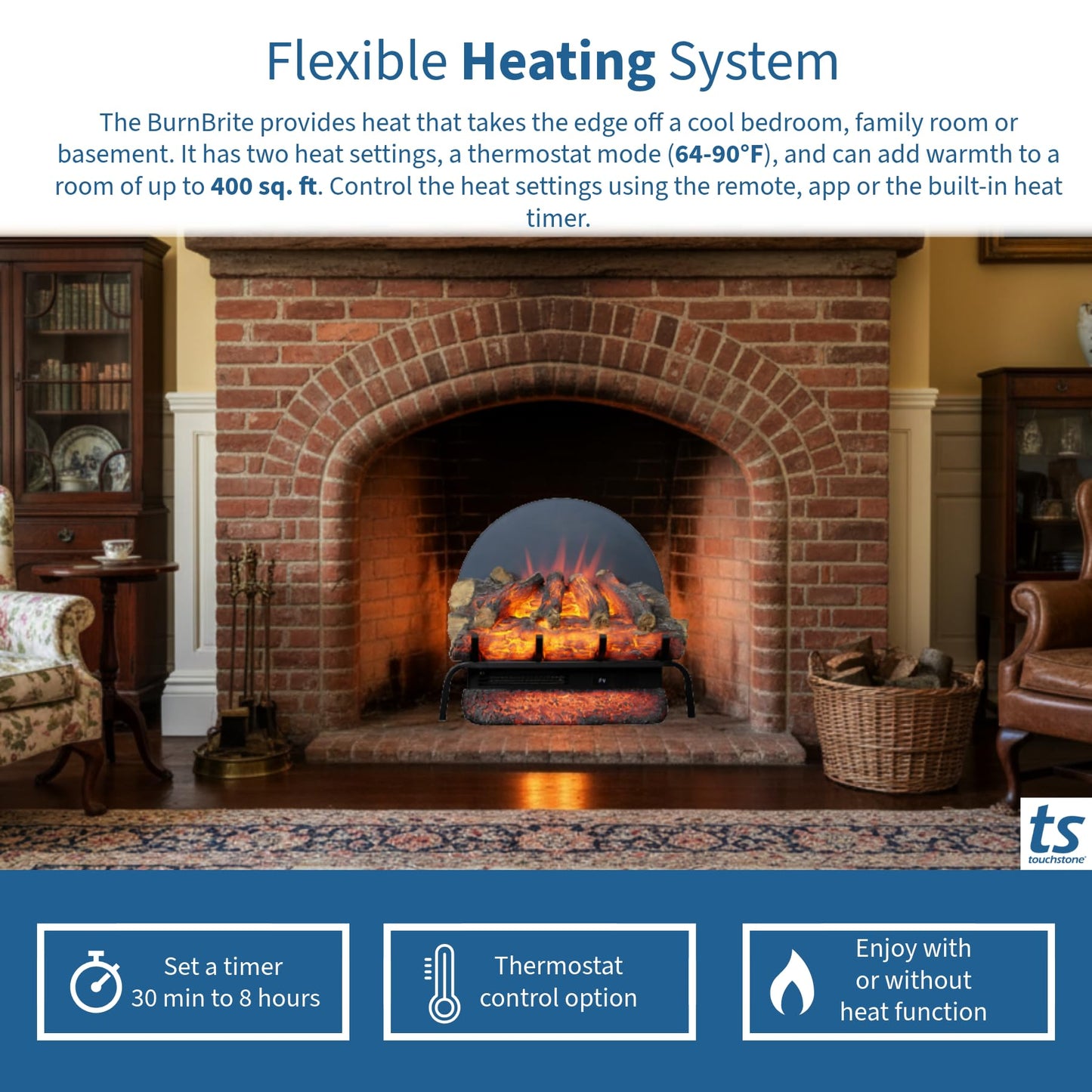 Touchstone BurnBrite 22" Free Standing Electric Fireplace Log Set, Fireplace Insert, 750W/1500W Heater, 3 Flame-10 Ember Colors, Crackling Sound, Alexa-WiFi Enabled, Remote Control