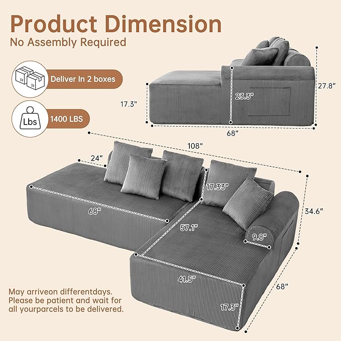 108 '' W Boneless Couch with L-Shape Chaise,No Assembly Required, Upholstery Corduroy Cloud Couch with Deep Seats and 5 Pillows Back, Free Combination (Grey)