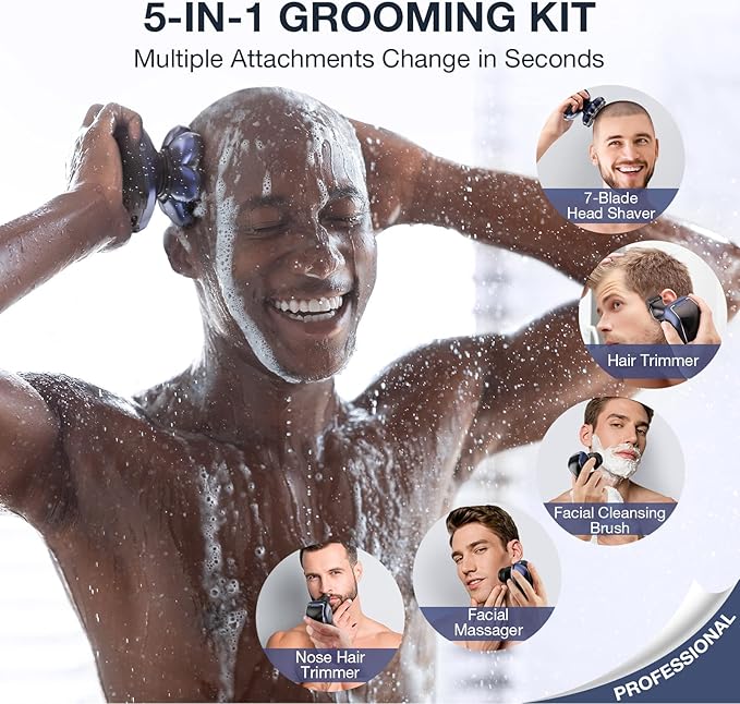 Head Shaver 7D, Wyklaus Upgrade Head Shavers for Bald Men, Head Electric Razor with Nose Hair Trimmer, IPX6 Waterproof Wet/Dry Mens Grooming Kit, Anti-Pinch, LED Display, USB Rechargeable
