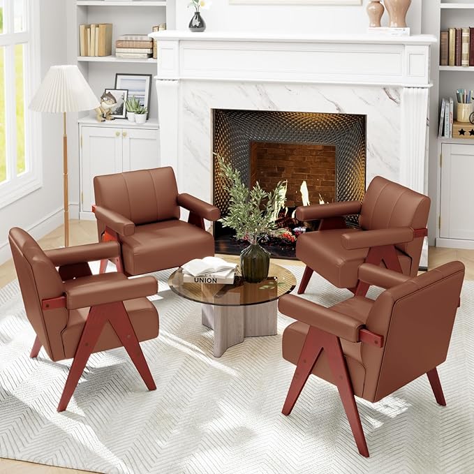 STHOUYN Brown Leather Accent Chairs, Mid Century Modern Chair, Side Arm Chairs for Living Room, Office Guest Waiting Room Lobby Chairs (1, Brown)