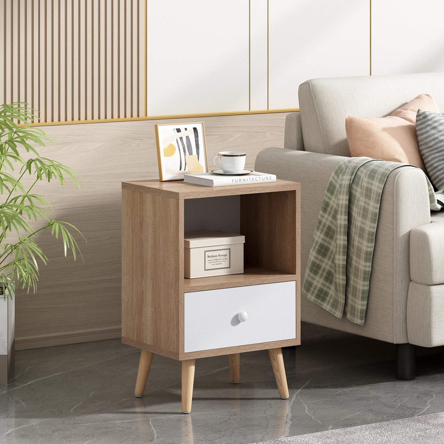 JAXPETY Nightstands Set of 2, Night Stand with Drawer and Open Storage Shelf, Bedside Tables with Solid Wood Legs, End Table, Side Table, for Bedroom(2-Pack, Natural)