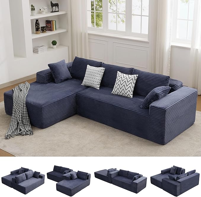 WUTUTUEE 110" Boneless Sectional Couch with Chaise Lounge, Cloud Couch Compressed Sofa L Shape, No Assembly Memory Foam Sofa for Living Room, Blue Corduroy