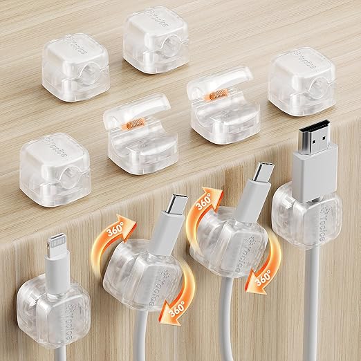12Pack Rotatable Cord Organizer,Spring Cable Clips Desk Cable Management Cord Holder Adhesive Phone Charger Cord Clips for Home Office Car Wall Nightstand Accessories Clear