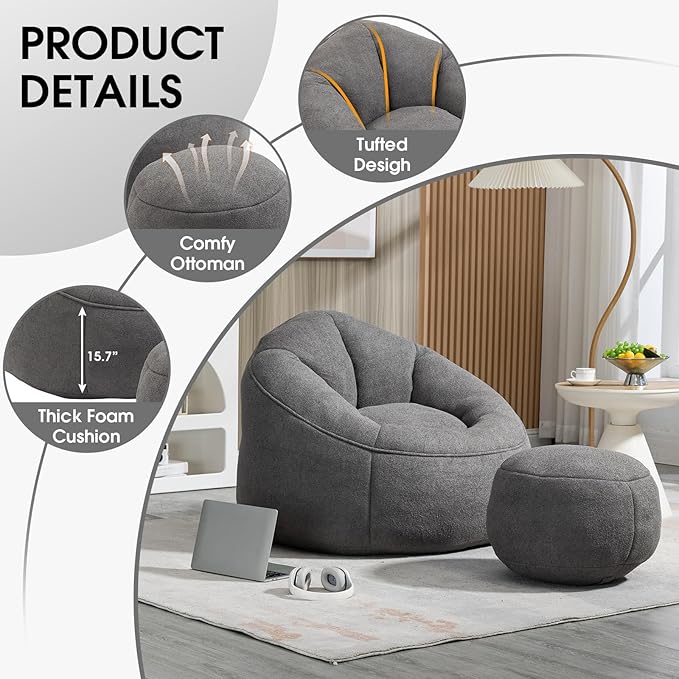 Sudwesto Bean Bag Chair for Adult, Microfiber Upholstered Bean Bag Sofa with Petal Back, Shell-Shaped Beanbag Chair with Footstool, Memory Foam Stuffed Lazy Sofa for Living Room, Bedroom (Grey)
