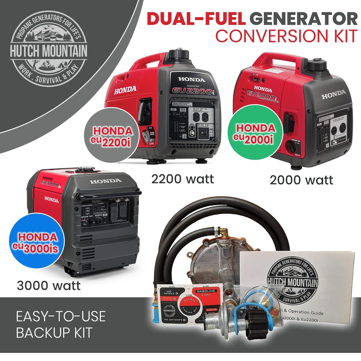 Hutch Mountain Generator Propane Conversion Kit Honda EU2200i- Dual-Fuel Conversion for Propane & Gasoline - Portable Generator Backup Kit for Home Emergencies, Camping, and RVs