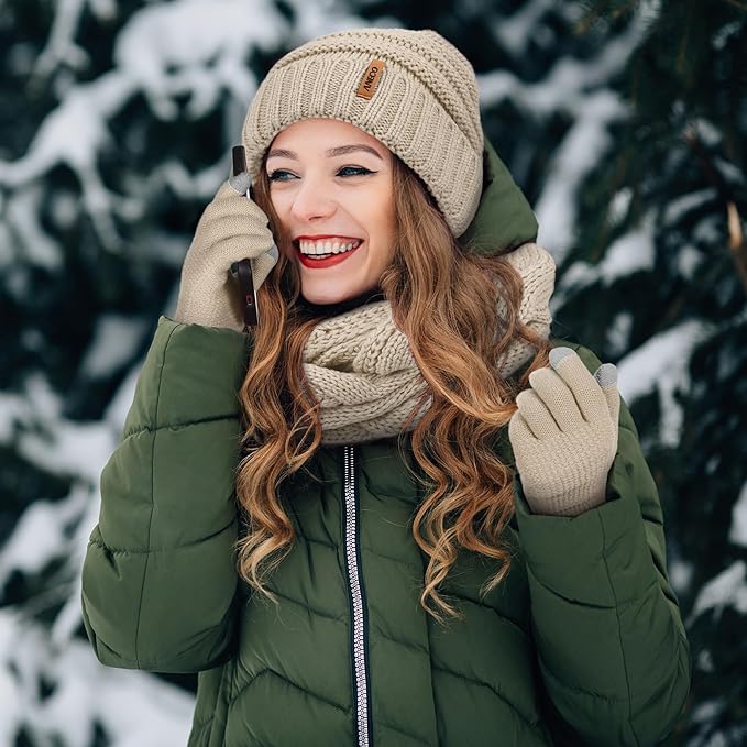 Aneco Winter Warm Sets Knitted Scarf Beanie Hat Touch Screen Gloves and Winter Ear Warmer for Men or Women