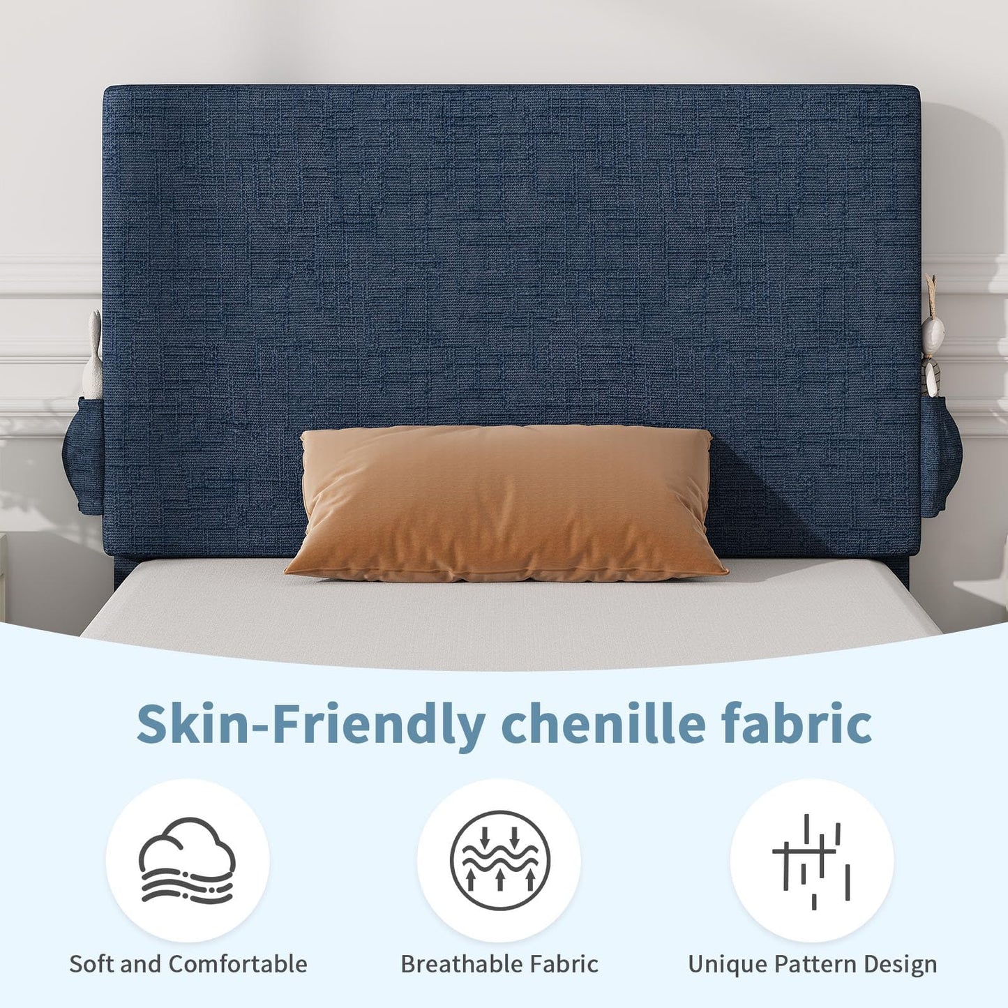 Twin Bed Frame with Headboard, Chenille Fabric Upholstered Platform Bed with Strong Wooden Slats, Kids Twin Bed Frame, No Box Spring Needed, Noise Free, Easy Assembly, Blue